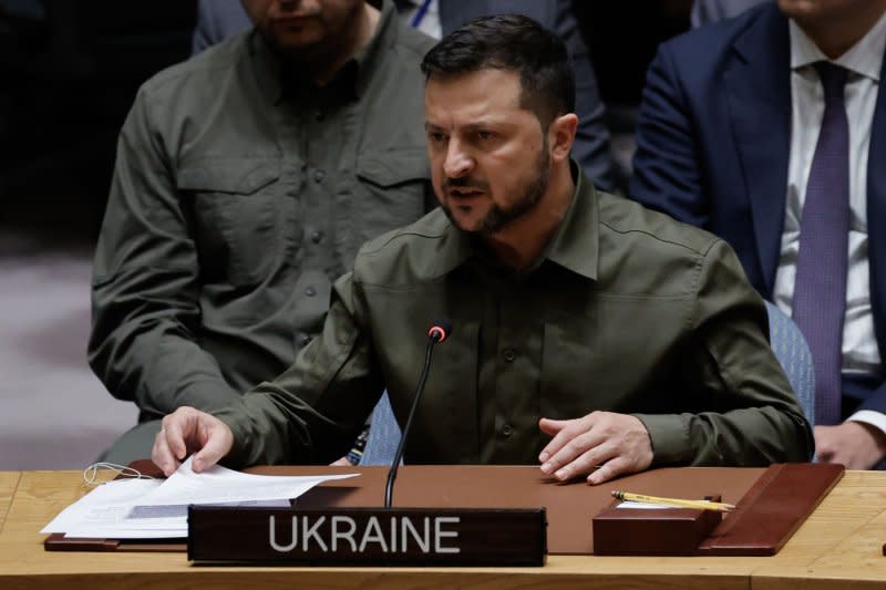Ukrainian President Volodymyr Zelensky speaks at the U.N. Security Council in September. The lessons of war have become unmistakably clear in Ukraine. Photo by Jason Szenes/UPI