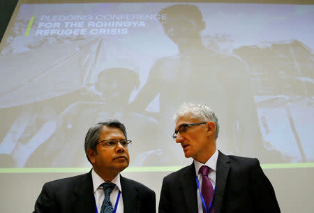 Mark Lowcock (R), Under-Secretary-General for Humanitarian Affairs and Emergency Relief Coordinator (OCHA), talks with Shameem Ahsan, Representative of Bangladesh at the U.N. before the Pledging Conference for Rohingya Refugee Crisis at the United Nations in Geneva, Switzerland October 23, 2017. REUTERS/Denis Balibouse