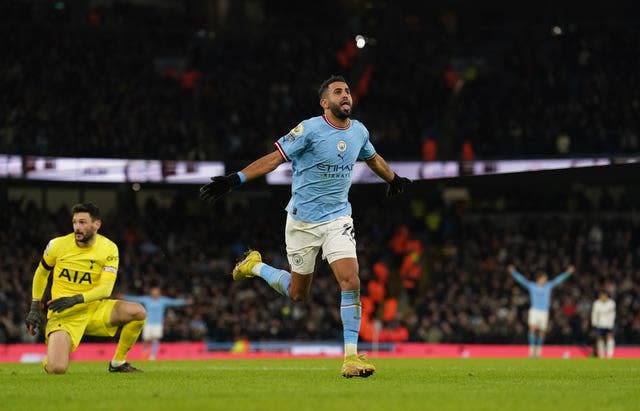 Riyad Mahrez celebrates scoring against Tottenham