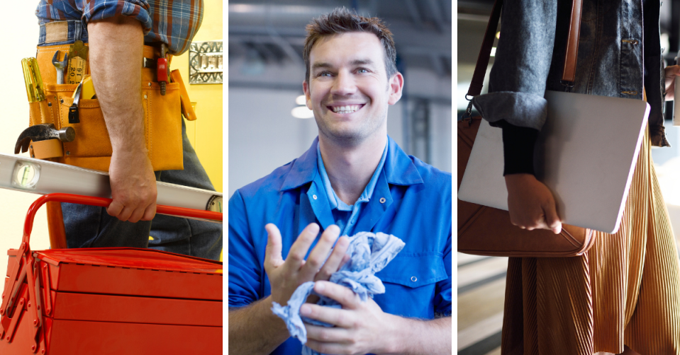 A tradesman holding a toolbox, a mechanic cleaning his hands and a woman holding a laptop