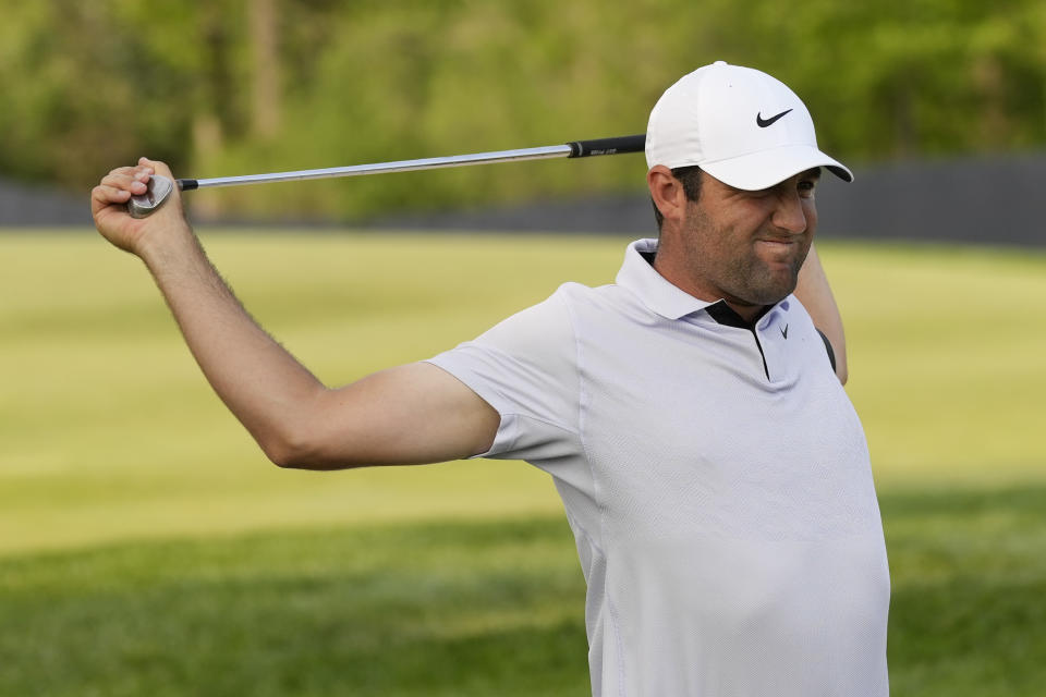 Scottie Scheffler reacts after missing a shot on the 14th hole during the final round of the PGA Championship golf tournament at Oak Hill Country Club on Sunday, May 21, 2023, in Pittsford, N.Y. (AP Photo/Seth Wenig)