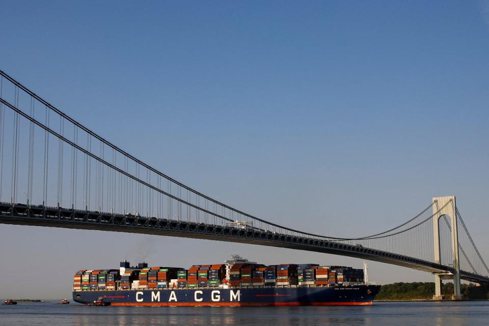 The Verrazzano-Narrows Bridge with a different vessel under it, the CMA CGM Marco Polo, in 2021 (REUTERS)