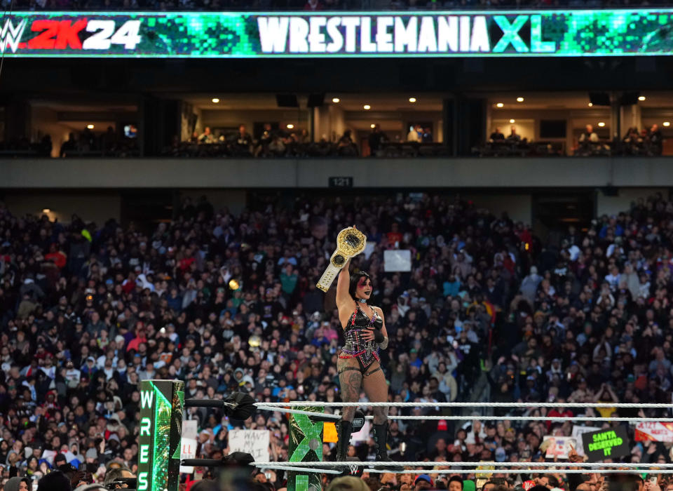 Women’s World Championship match between Rhea Ripley (black attire) before she takes on Becky Lynch (red/white attire) during Wrestlemania XL Saturday at Lincoln Financial Field.