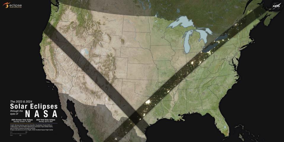 map of united states with two thick dark diagonal lines crossing it and meeting in texas representing two solar eclipses shadows