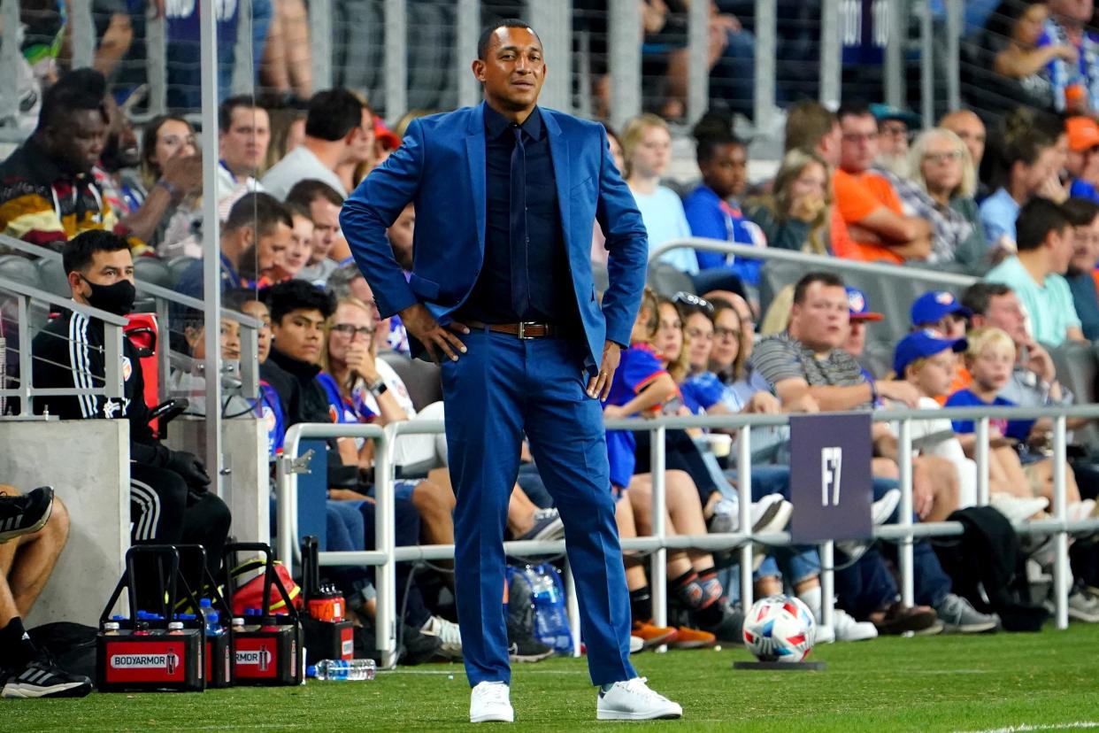 FC Cincinnati interim head coach Tyrone Marshall observes the team in the first half of an MLS soccer game against the New York Red Bulls, Saturday, Oct. 2, 2021, at TQL Stadium in Cincinnati. 