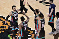 Memphis Grizzlies guard Dillon Brooks (24) greets teammates after scoring during the second half of the team's NBA basketball game against the Los Angeles Clippers on Thursday, Feb. 25, 2021, in Memphis, Tenn. (AP Photo/Brandon Dill)