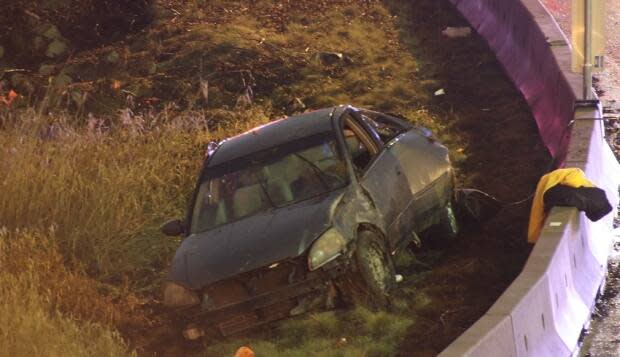 A car flipped multiple times before ending up in the ditch along 104 Avenue in Surrey, B.C., on Jan. 7, 2020. 