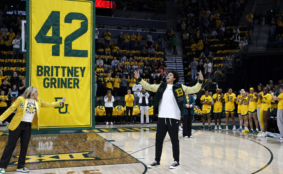 WACO, TX - FEBRUARY 18: Former Baylor Bears player Brittney Griner reacts during ceremony to retire her jersey before the game between the Baylor Bears and the Texas Tech Red Raiders at Foster Pavilion on February 18, 2024 in Waco, Texas. (Photo by Ron Jenkins/Getty Images)