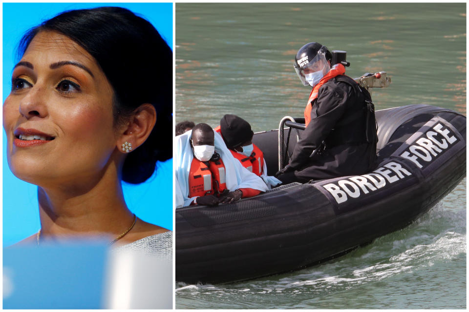 Priti Patel, left, has been accused of 'Trump-like' criticism of immigration lawyers, as more migrants were held in Dover on Thursday, right. (Getty Images/PA)