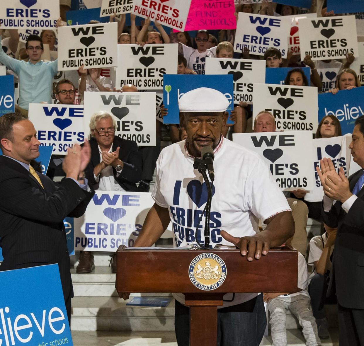 Daryl Craig addresses a rally June 7, 2016, in the state Capitol Rotunda in Harrisburg. A crowd estimated by district officials of about 100 people traveled from Erie for a rally in support of more state funding for the Erie School District which faced a multi-million dollar deficit.