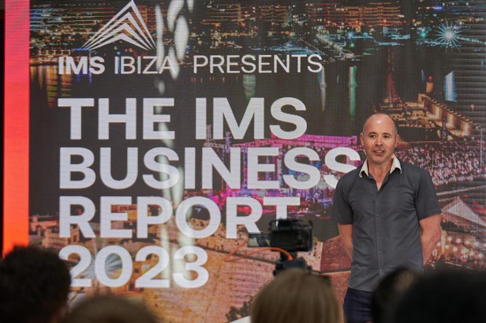 Managing Director and Analyst at MIDiA Research Mark Mulligan presents the IMS Business Report for 2023 at the IMS Ibiza conference on April 26, 2023. (Courtesy of IMS)