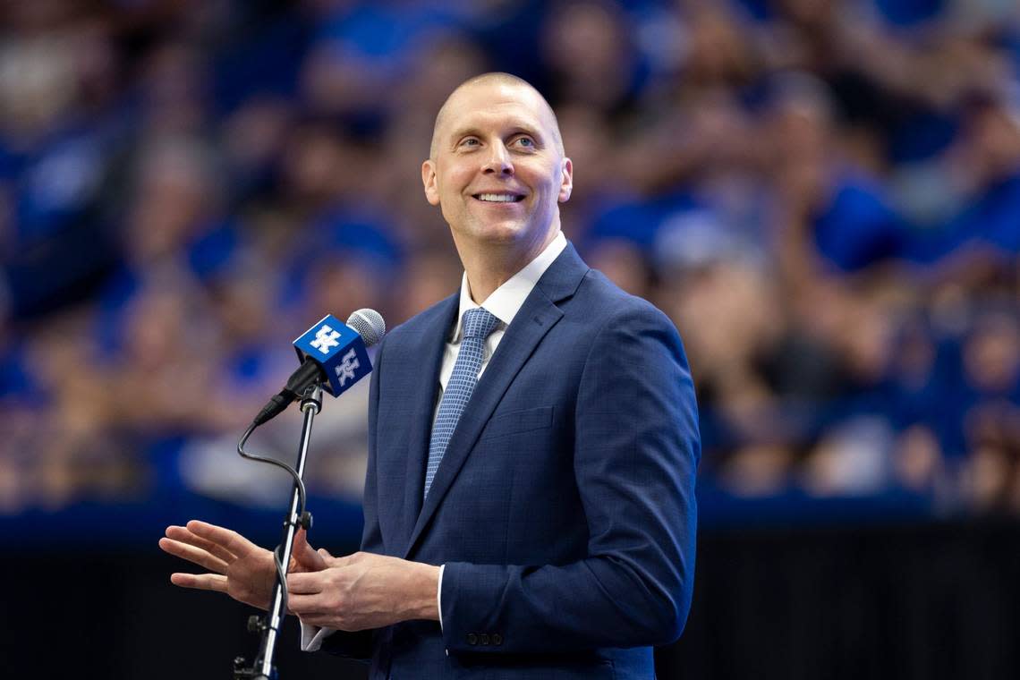New Kentucky basketball head coach Mark Pope speaks during an introductory event at Rupp Arena on Sunday.