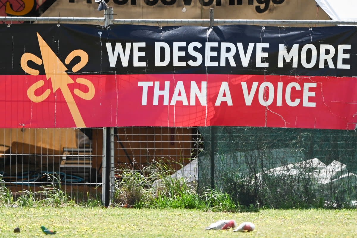 The Aboriginal Tent Embassy was closed with a sign stating they supported the ‘No’ Vote (Getty)