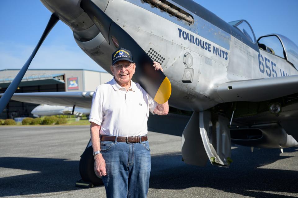 WWII veteran Jack Hallett was invited to co-pilot the P-51 Mustang "Toulouse Nuts" fighter plane from the Wings of Freedom Tour at the Leesburg International Airport in 2019.
