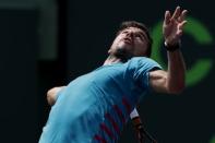 Mar 25, 2017; Miami, FL, USA; Stan Wawrinka of Switzerland serves against Horacio Zeballos of Argentina (not pictured) on day five of the 2017 Miami Open at Crandon Park Tennis Center. Wawrinka won 6-3, 6-4. Mandatory Credit: Geoff Burke-USA TODAY Sports