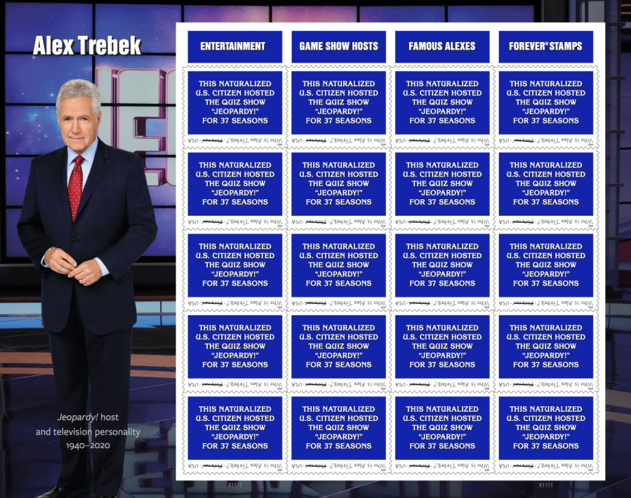 A sheet of Alex Trebek Forever Stamps offered by the United States Postal Service (Courtesy: USPS)