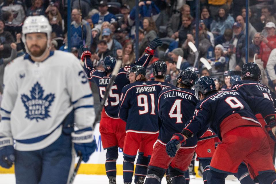 Dec 29, 2023; Columbus, Ohio, USA;
Columbus Blue Jackets celebrate their 6-5 win over the Toronto Maple Leafs in overtime on Friday, Dec. 29, 2023 at Nationwide Arena.