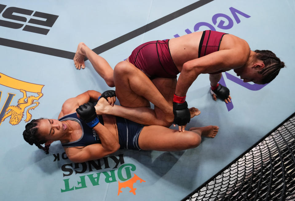 LAS VEGAS, NEVADA – SEPTEMBER 05: (L-R) Dione Barbosa of Brazil works for a submission against Rainn Guerrero in a flyweight fight during Dana White’s Contender Series season seven, week five at UFC APEX on September 05, 2023 in Las Vegas, Nevada. (Photo by Cooper Neill/Zuffa LLC via Getty Images)