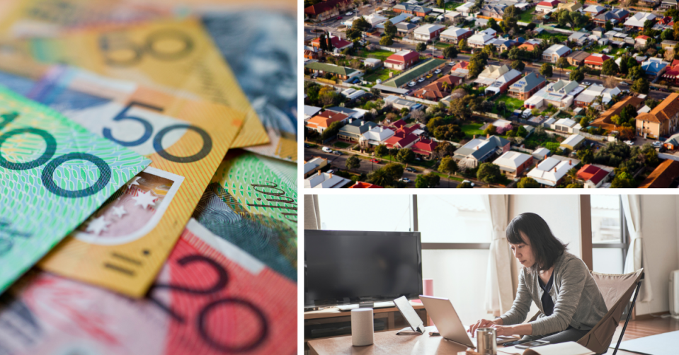 Australian money, aerial view of Australian suburb and young woman working from home.