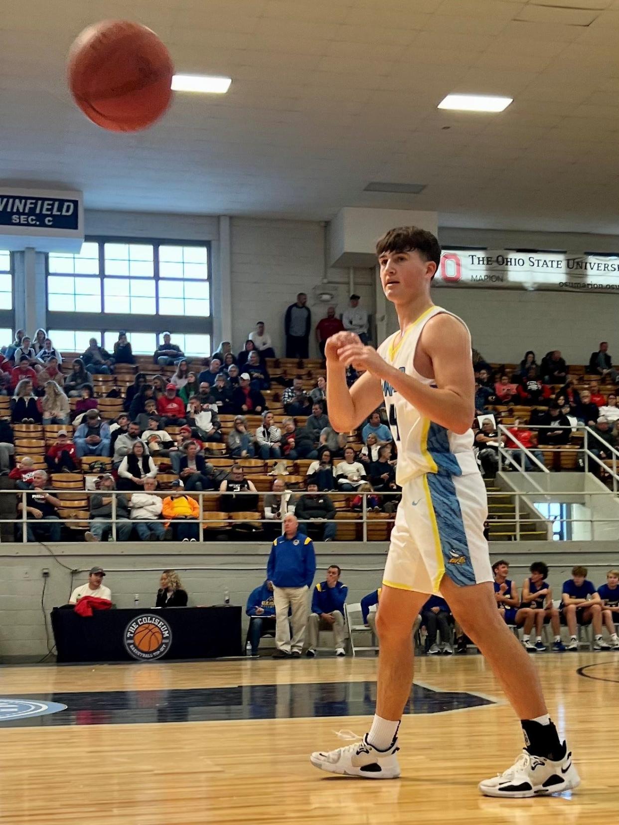 River Valley's Chase Ebert takes an inbound pass during a preview game against Olentangy at the Coliseum Basketball Tip-Off earlier this season.