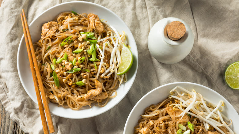 pad Thai in white bowls