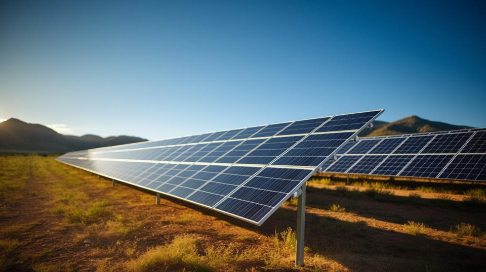 A close-up of a large array of solar panels in a wide-open field.