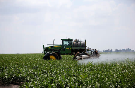 A worker uses a tractor to spray a field of crops during crop-eating armyworm invation at a farm in Settlers, northern province of Limpopo, South Africa, February 8,2017. REUTERS/Siphiwe Sibeko