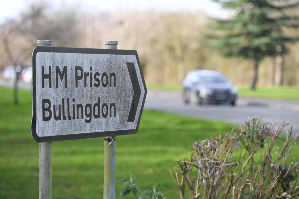 A sign for HMP Bullingdon, Oxfordshire, where it is understood two prisoners are being tested for the coronavirus and are being held in isolation.