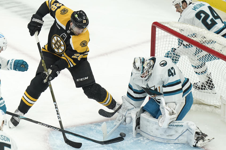Boston Bruins defenseman Derek Forbort (28) is unable to get the puck past San Jose Sharks goaltender James Reimer (47) in the first period of an NHL hockey game, Sunday, Jan. 22, 2023, in Boston. (AP Photo/Steven Senne)