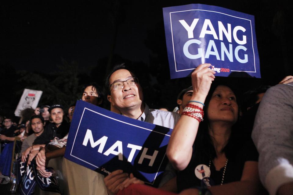 Supporters of Democratic presidential candidate, entrepreneur Andrew Yang listen to Yang speak at a campaign rally on September 30, 2019 in Los Angeles, California. Yang is the son of Taiwanese immigrants and was born in upstate New York.