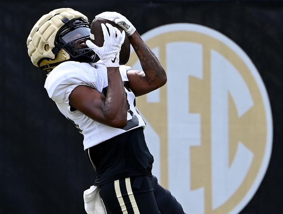 Vanderbilt wide receiver Daveon Walker (87) catches a pass during an NCAA college football practice Tuesday, August 2, 2023, in Nashville, Tenn.  