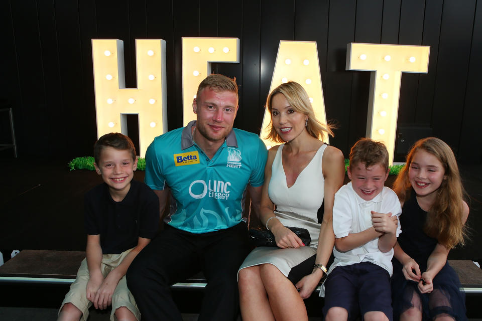 Andrew Flintoff poses with wife Rachael and children Holly, Corey and Rocky during the Brisbane Heat Big Bash League season launch at Southbank on December 16, 2014 in Brisbane, Australia.  (Photo by Chris Hyde - CA/Cricket Australia via Getty Images/Getty Images)