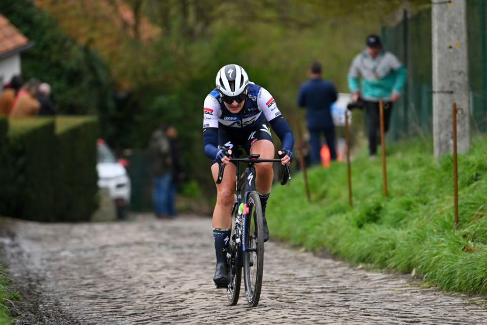 OUDENAARDE BELGIUM  APRIL 02 Ally Wollaston of New Zealand and AG InsuranceSoudal QuickStep Team competes in the breakaway during the 20th Ronde van Vlaanderen  Tour des Flandres 2023 Womens Elite a 1566km one day race from Oudenaarde to Oudenaarde  UCIWWT  on April 02 2023 in Oudenaarde Belgium Photo by Luc ClaessenGetty Images