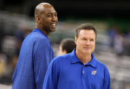 NEW ORLEANS, LA - MARCH 30: (R-L) Head coach Bill Self of the Kansas Jayhawks stands in front of assistant coach Danny Manning during practice prior to the 2012 Final Four of the NCAA Division I Men's Basketball Tournament at the Mercedes-Benz Superdome on March 30, 2012 in New Orleans, Louisiana. (Photo by Jeff Gross/Getty Images)