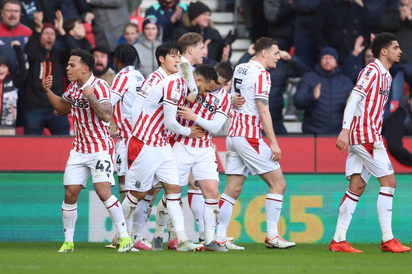 Lewis Baker of Stoke City celebrates with Lynden Gooch after he scores their second goal during the Sky Bet Championship match between Stoke City and Middlesbrough