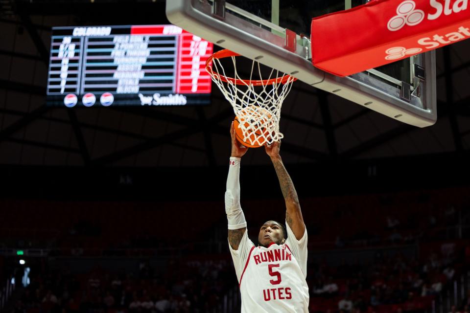 Utah Utes guard Deivon Smith (5) dunks the ball during the men’s college basketball game between the Utah Utes and the Colorado Buffaloes at the Jon M. Huntsman Center in Salt Lake City on Saturday, Feb. 3, 2024. | Megan Nielsen, Deseret News
