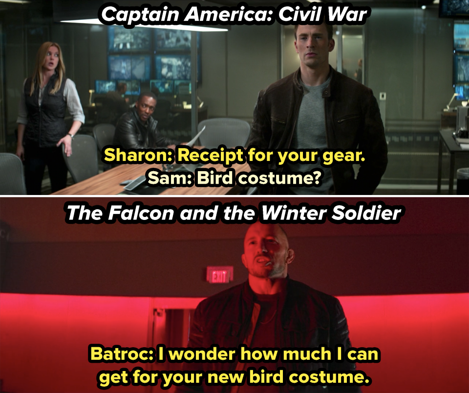 Sam receiving a receipt for his gear that says "bird costume" in Civil War and Batroc saying, "I wonder how much I can get for your new bird costume" in Falcon and the Winter Soldier