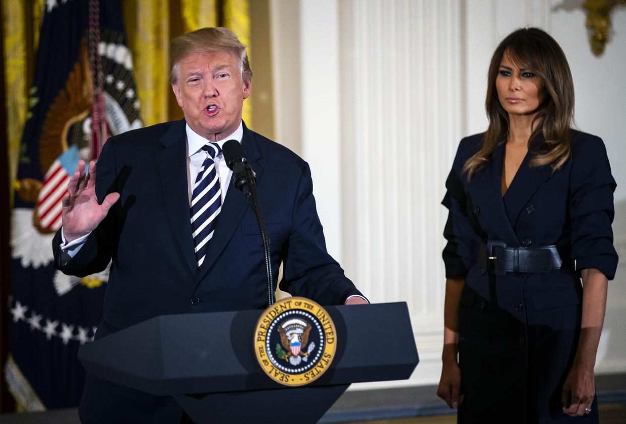 FLOTUS went with a belted blazer as she helped the president honor mothers in the military. (Photo: Al Drago/Bloomberg via Getty Images)