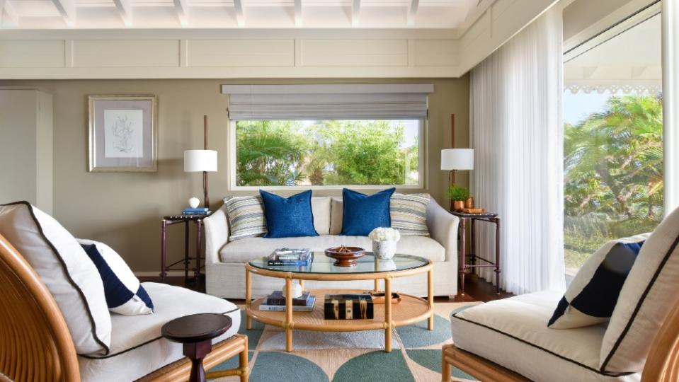 The living room of a renovated suite - Credit: Courtesy Rosewood Le Guanahani