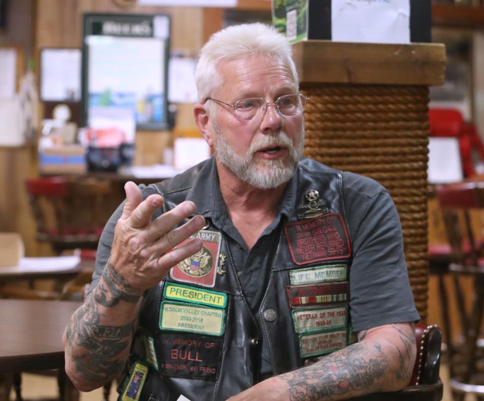 Charlie Maushardt of Blauvelt is president of the Nam Knights motorcycle club of the Hudson Valley. He spoke about veterans he'll remember with flags in Tappan's 2024 Field of Honor, at the Tappan Fire Department May 7, 2024.