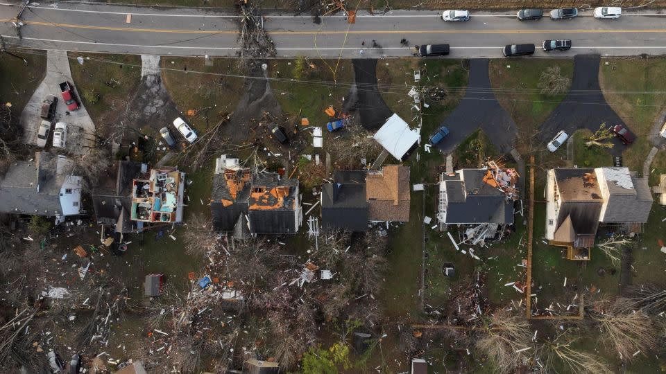 An aerial view of damaged homes a day after a tornado hit Madison, Tennessee. - Kevin Wurm/Reuters