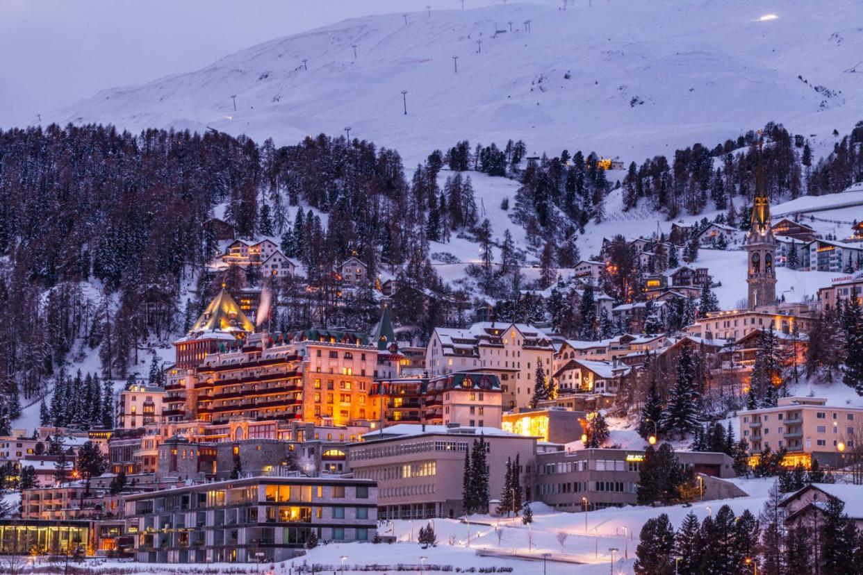 Village beneath mountain in St. Moritz, Switzerland