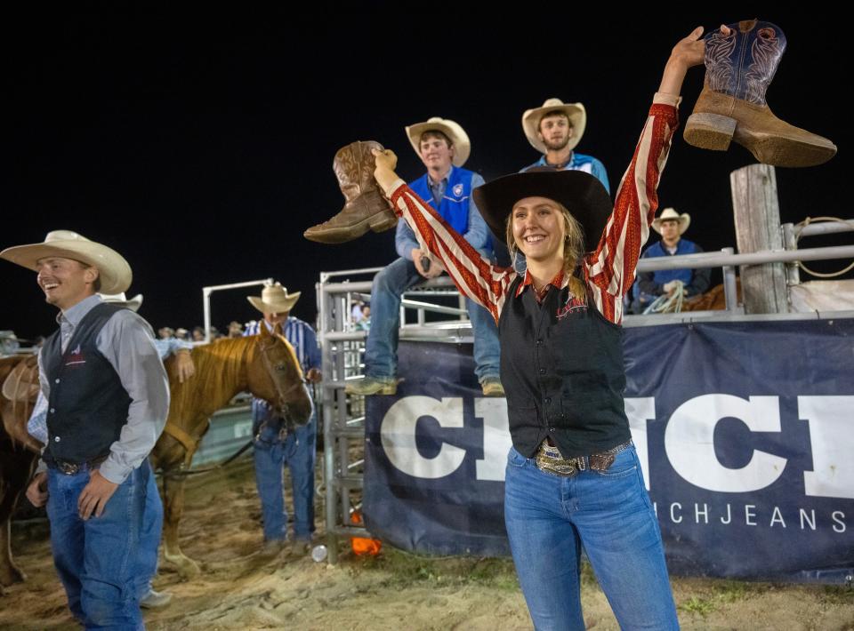 UW-River Falls rodeo team member Abigail Hill helps out during the college boot scramble. The rodeo announcer declared the winners, then reminded students to look down and make sure their boots matched. “But this is college," the rodeo clown joked. "There’s going to be a lot of nights where you come home and your shoes don’t match!”