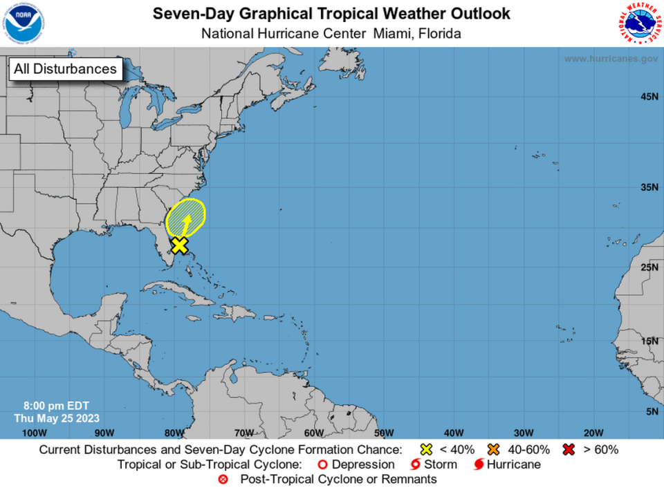A disturbance off the coast of central Florida may be cause heavy rain and rip currents along the southeast U.S. this weekend.