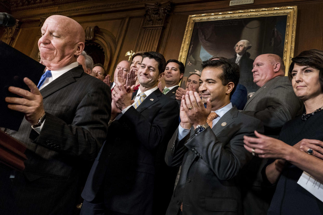 Speaker of the House Paul Ryan, along with his leadership,&nbsp;celebrate passing the House tax bill.&nbsp; (Photo: The Washington Post via Getty Images)