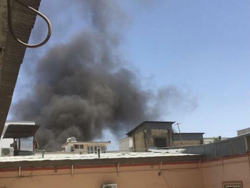 Smoke can be seen billowing from the area near the Iraqi embassy after witnesses reported hearing a loud explosion (Hamdard/Twitter)