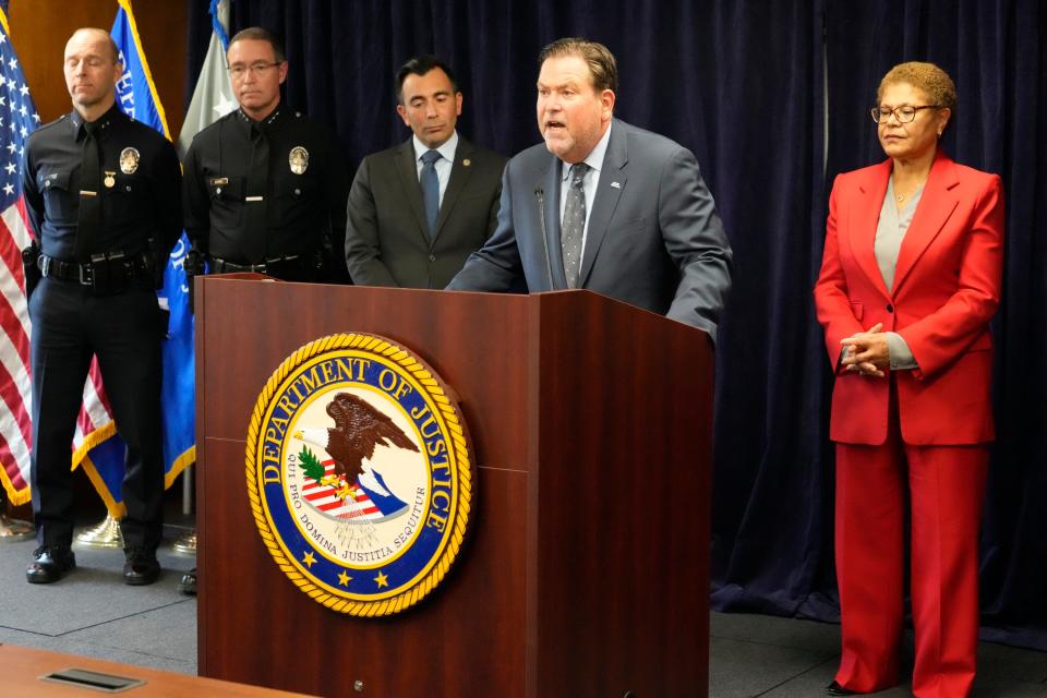 Jeffrey Abrams, Regional Director of Anti-Defamation League, ADL Los Angeles, at podium, denounces anti-Semitism and hate crimes at a news conference at the U.S. Attorney's Office Central District of California offices in Los Angeles Friday, Feb. 17.