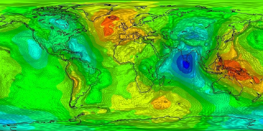 A map of the world is superimposed over a heat map of local gravity variations. A blue dot appears in the Indian Ocean.