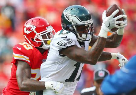 Sep 17, 2017; Kansas City, MO, USA; Philadelphia Eagles wide receiver Alshon Jeffery (17) catches a pass as Kansas City Chiefs cornerback Jacoby Glenn (39) defends in the second half at Arrowhead Stadium. Jay Biggerstaff-USA TODAY Sports