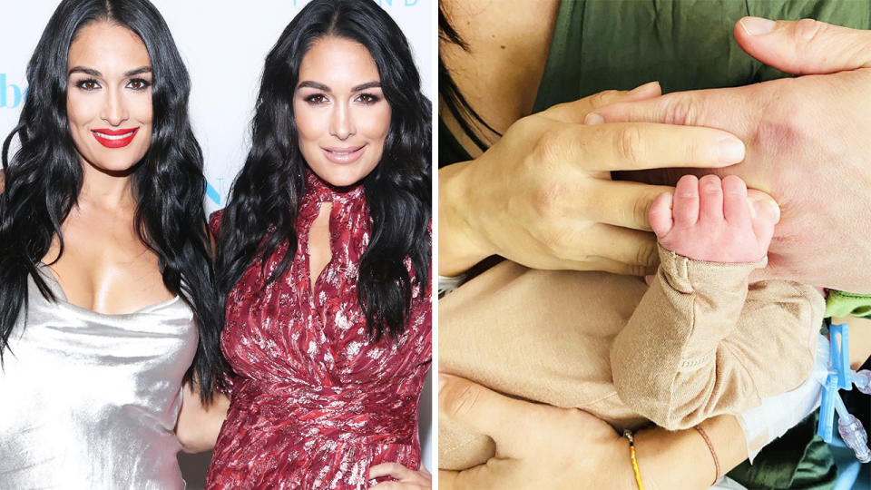 A 50-50 split image shows WWE wrestlers Nikki and Brie Bella on the left, and Brie Bella's Instagram announcement of her son's birth on the right.